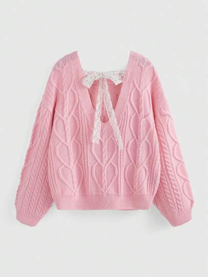 Kawaii Women's Slouchy Drop Shoulder Long Sleeve Heart Knit Bowknot Back Sweater, Fall/Winter