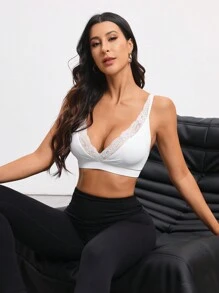 Easithlete Áo ngực thể thao trang trí ren màu trơn đơn giản dành cho nữ để mặc hàng ngày - trắng - Xem 3