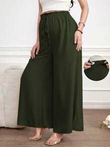 SHEIN Maternity Solid Color Casual Drawstring Wide Leg Pants - Army Green - View 1