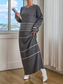 EURMUSE White Striped Details Oversize Maxi Pullover Dress Fall Winter - Light Grey - View 1