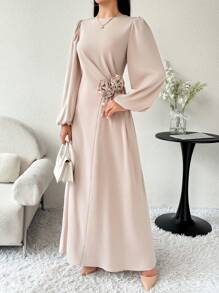 Modelyn Women's Solid Color Crewneck Applique Elegant Long Sleeve Arabian Dress Long Evening Dresses