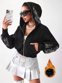 SHEIN SXY 女式短款羊毛连帽拉链夹克，带火焰水钻装饰 - 黑色 - 查看 1