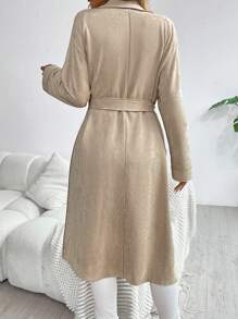 SHEIN LUNE 纯色双排扣口袋系带长袖绒面羊毛风衣