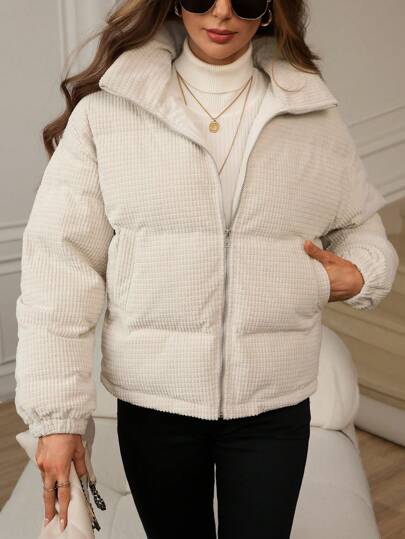 SHEIN LUNE Plus Size Solid Zip Up Corduroy Padded Coat