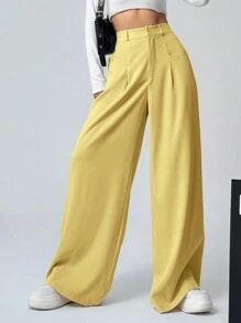 Muchica 女士纯色口袋休闲阔腿裤 - 黃色 - 查看 4