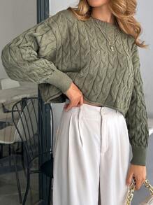 EURMUSE Cable Pattern Pullover Casual Army Green Sweater - Army Green - View 5