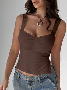 Women's Casual Solid Color Pleated Side Slit Sweetheart Neck Camisole, Summer - Khaki - View 6