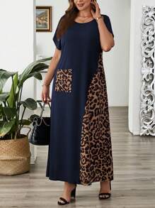 EMERY ROSE 加大撞色豹纹贴袋短袖夏装连衣裙夏季服装休闲女装连衣裙 - 藏蓝色 - 查看 4