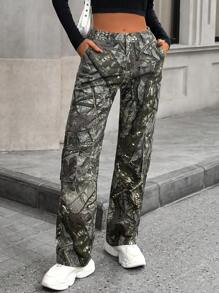 SHEIN EZwear 全印花休闲直筒牛仔裤，带口袋 - 彩色 - 查看 1