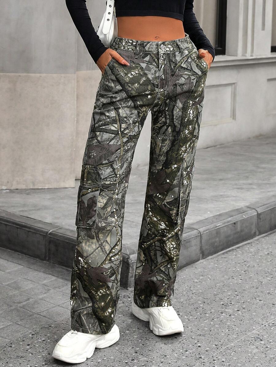 SHEIN EZwear 全印花休闲直筒牛仔裤，带口袋 - 彩色 - 查看 1