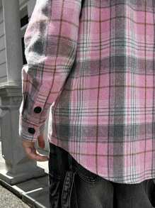 Manfinity VCAY 男士休闲格纹拼接拉链连帽长袖夹克，秋冬款 - 粉色 - 查看 3