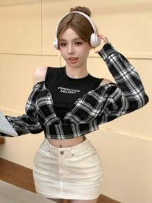 DAZY 女式二合一刺绣字母格子长袖衬衫，秋装