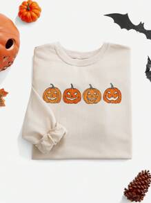 Flirla Women's Pumpkin Print Crew Neck Loose Fit Long Sleeve Casual Sweatshirt, Spring/Autumn