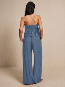 Poéselle Summer  Fashion Linen Two-Piece Set, Chest Is Top Chest Slit Lacing + Wide Leg Trousers Linen Two-Piece Set, Wear Comfortable And Breathable, Suitable For Commuting Holiday Home Wear Casual Solid Color Strapless Crop Top And Long Pants Set With Slit