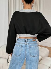 Flirla Women's V-Neck Contrast Color Casual Long Sleeve Sweatshirt Pullover Fall Sweatshirt - Black - View 2