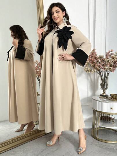 Al Najma Vestido de manga larga con decoración floral 3D para mujer talla grande, moda árabe, vestimenta árabe modesta y elegante, Kaftan