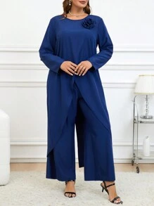 SHEIN Clasi 大码优雅纯色前短后长衬衫和裤子两件套商务休闲女士优雅女士服装 - 藏蓝色 - 查看 8