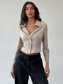 Aloruh Áo sơ mi nữ dáng ngắn màu kaki, tay lửng, phong cách tối giản, cổ điển, ôm sát. - Lạc đà - Xem 4