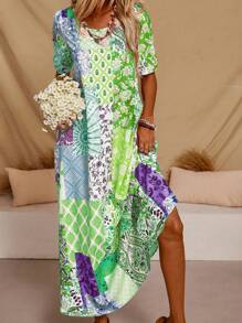 SHEIN LUNE 女式复古风格印花圆领短袖连衣裙