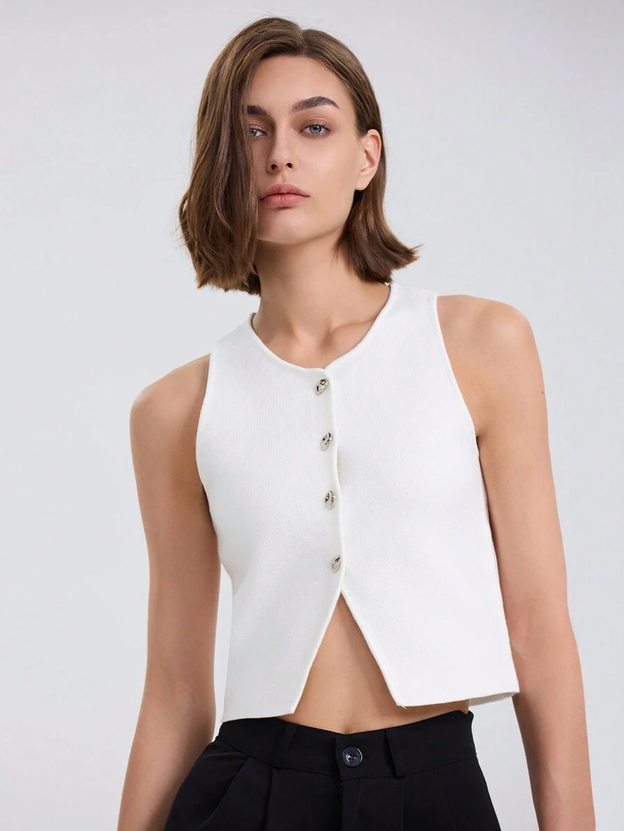 Women's Short Knit Vest, Single-Breasted, Plain Color, Spring & Autumn - White - View 1