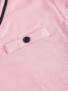 SHEIN MOD 大码女式复古学院风撞色边饰长袖 T 恤，粉色 - 粉色 - 查看 4