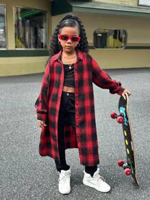 SHEIN 少女复古格子长款衬衫，侧开衩，可与兄弟姐妹同款（两件分开出售） - 紅色和黑色 - 查看 3