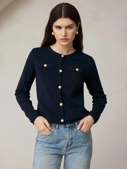 BizChic Women's Solid Color Elegant Round Neck Long Sleeve Cardigan Sweater, Casual Outerwear, Business Commute, Basic Office Wear, Autumn