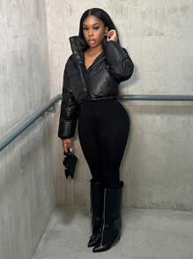 BamGleam Women's Winter Black Cropped Style Can Be Waisted Minimalist Daily Padded Hooded Coat - Black - View 3