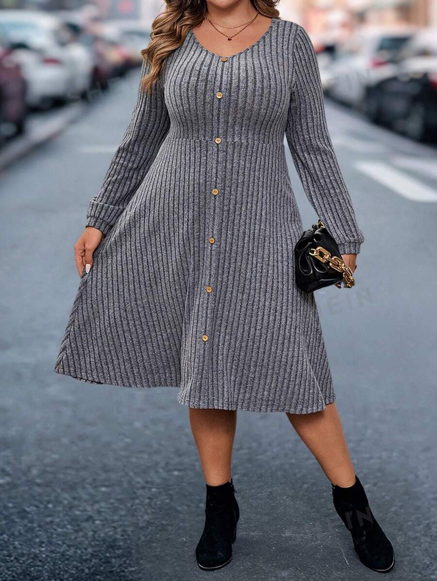 SHEIN VCAY Vestido de manga larga con cuello en V y cintura entallada para tallas grandes