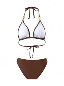Bộ bikini hở lưng dây xích kim loại, đồ bơi mùa hè - màu nâu - Xem 2