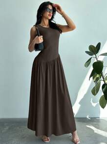 Firerie Women Solid Color Round Neck Ruched Waist Sleeveless Summer Dress,Summer Dresses For Women - Coffee Brown - View 3