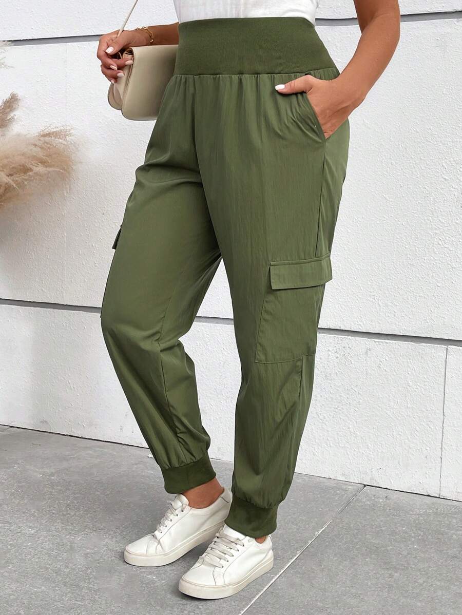 SHEIN LUNE Plus Size Green Pants With Pockets And Elastic Waist - Green - View 1