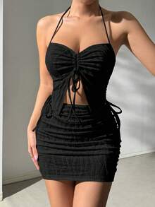 Allurite 2 món đồ nữ có dây hở lưng khoét hở và váy bodycon xếp ly - màu đen - Xem 5