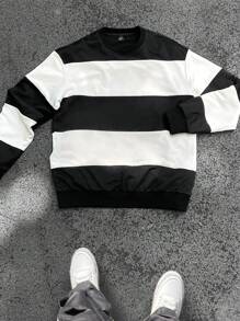 Manfinity Hypemode 男士休闲拼布印花宽松套头运动衫，返校秋季黑白圆领字母长袖休闲拼色运动衫，适合朋友、丈夫、男朋友的礼物 - 黑與白 - 查看 2