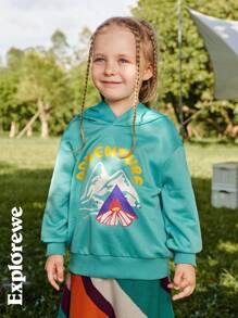 SHEIN Hanorac cu glugă cu model de munte în aer liber, potrivit pentru ieșiri, camping și fotografie de oraș