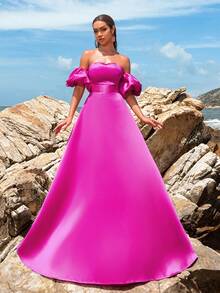 Faeriesty 纯色泡泡袖缎面正式舞会抹胸礼服、晚礼服，适合婚礼嘉宾、毕业典礼、晚宴 - 玫紅色 - 查看 7