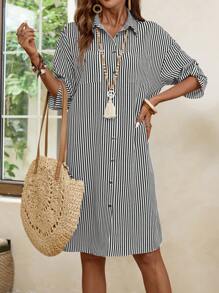 EMERY ROSE 女式条纹印花纽扣前卷袖连衣裙 - 黑與白 - 查看 6