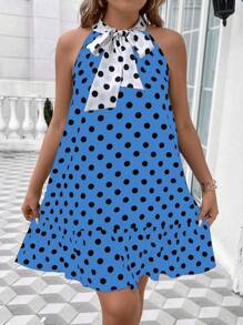 SHEIN Unity Damen Kleid in Große Größen mit Polka Punkt Muster, Rüschensaum und ärmellos mit Bindeband am Kragen - Königsblau - Übersicht 1