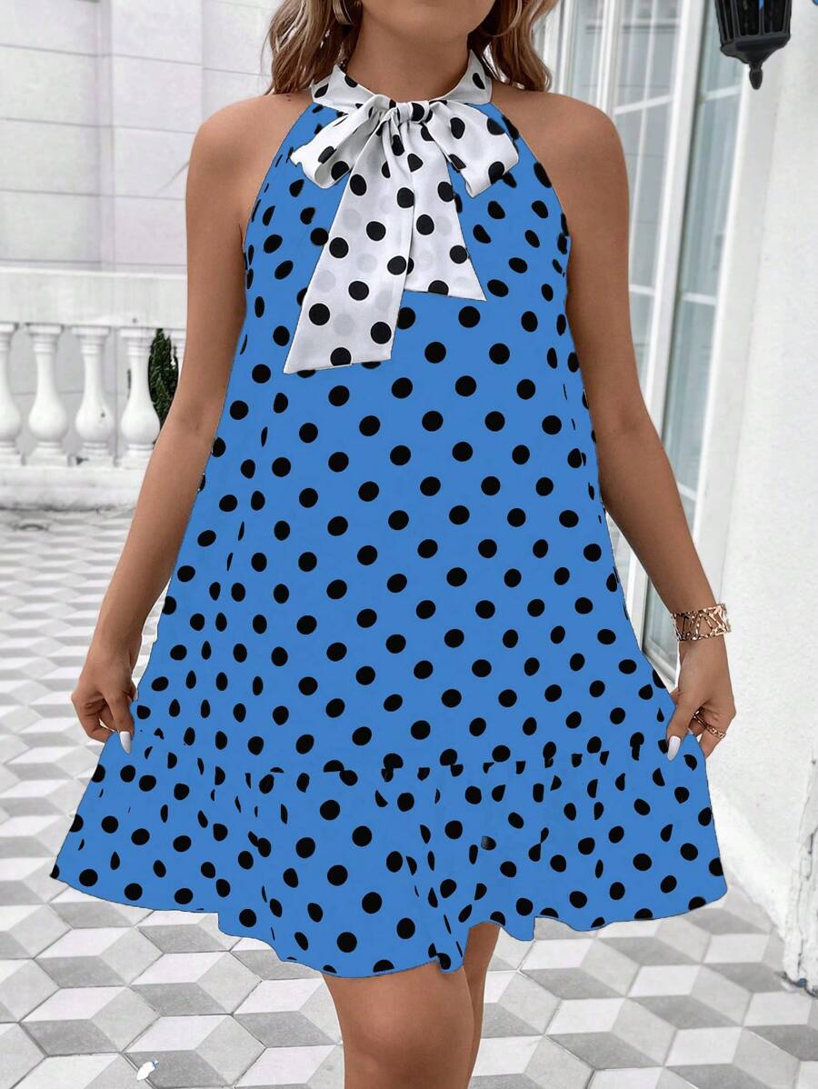 SHEIN Unity Damen Kleid in Große Größen mit Polka Punkt Muster, Rüschensaum und ärmellos mit Bindeband am Kragen - Königsblau - Übersicht 1