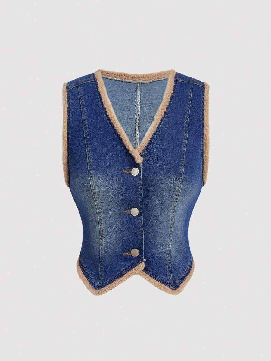 SHEIN MOD Gerüschtes Sherpa-Patchwork-Jeansoberteil im Vintage-Stil für Damen - Verschiedenfarbig - Übersicht 1