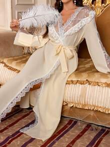 Embroidered Lace Patchwork Women's Long-Sleeved Nightgown - Apricot - View 2