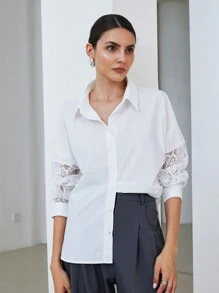 SHEIN Privé Blus Lengan Panjang Wanita Sederhana, Elegan, Kontras Renda, Kasual, Serbaguna untuk Musim Gugur - Putih - View 2