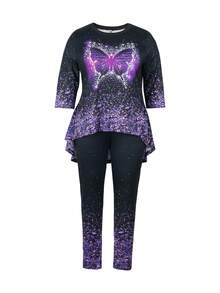 Bộ 2 chiếc Plus Size in hình áo thun dài tay và bộ quần dài cho nữ - Màu tím - Xem 3