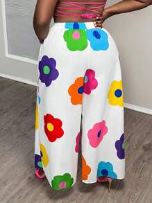Slaydiva Pantalon décontracté d'été imprimé fleuri coloré pour femmes, grande taille, à jambes larges imprimées partout pour vacances - Blanc - Voir 2