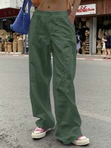 Slaydiva Casual White Straight Leg Utility Pants With Pockets - Green - View 4