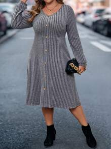 SHEIN VCAY Vestido de manga larga con cuello en V y cintura entallada para tallas grandes