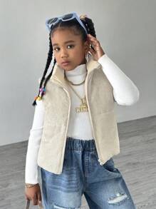 Áo khoác nhung kẻ ngắn đa năng thường ngày cho bé gái tuổi mới lớn có đệm - Màu Khaki - Xem 4