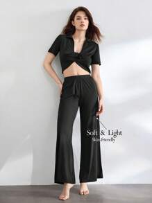 Ocili Leisure Comfortable & Smooth  Loose Fit Short Sleeve Pants Pajama Set - Black - View 1