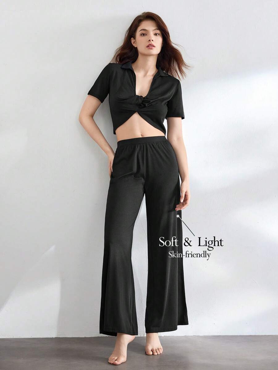 Ocili Leisure Comfortable & Smooth  Loose Fit Short Sleeve Pants Pajama Set - Black - View 1