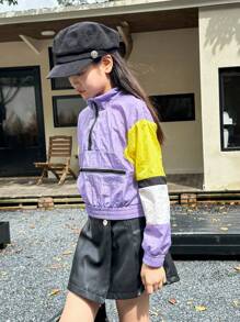 SHEIN Tween Girl Letter In Collage Tay áo PU & Áo khoác bóng chày có viền sườn - Nhiều màu - Xem 5